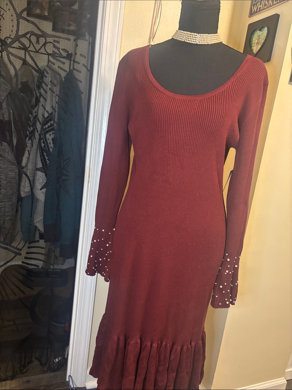 Absolutely Famous Burgundy Ribbed Long Sleeve Dress with Pearl Cuff